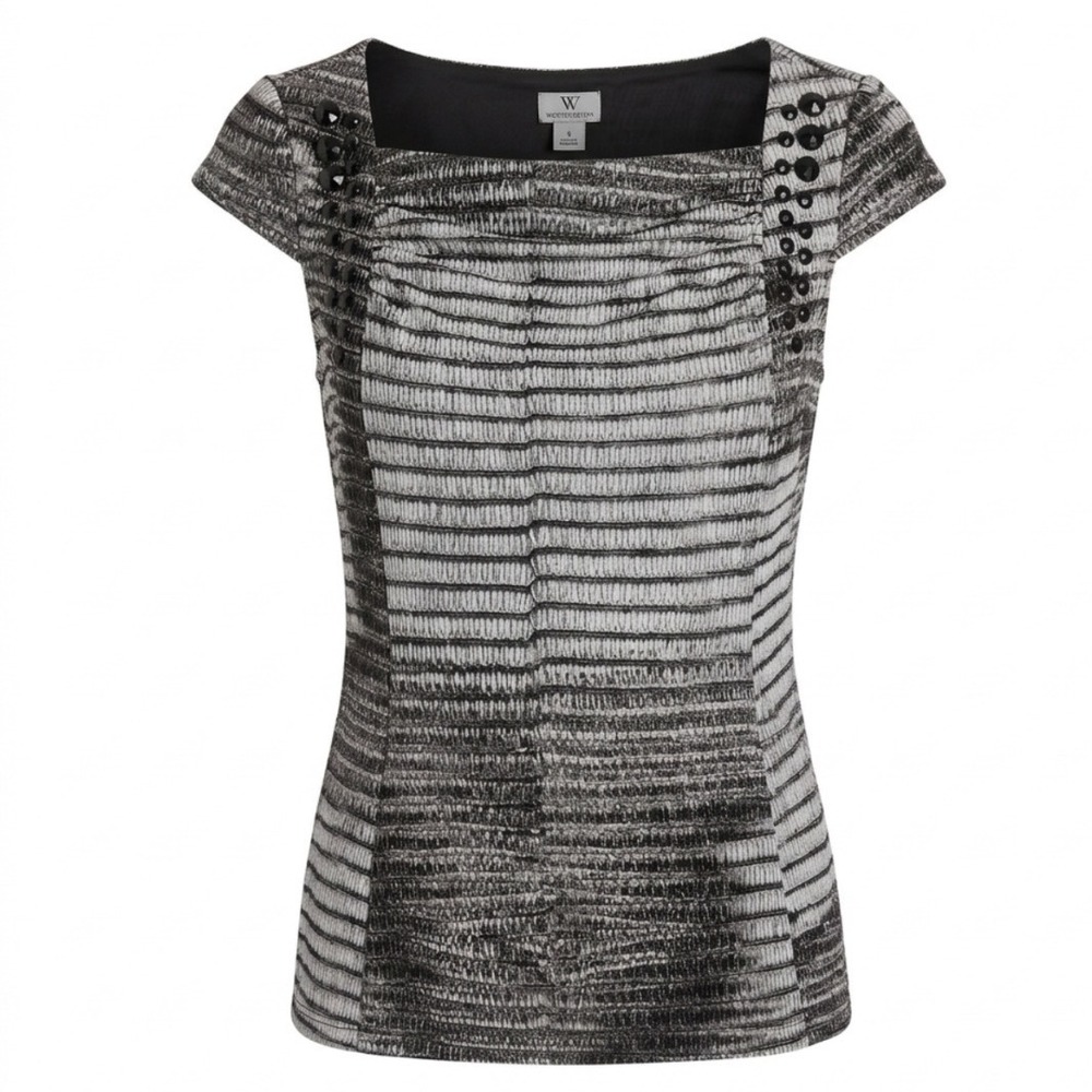 Worthington Grey Black Textured Draped Neck Beaded Cap Sleeve Blouse Small